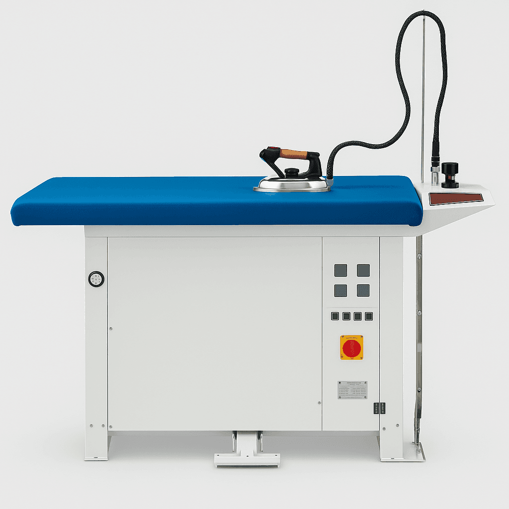 Professional ironing station with blue padded surface and attached steam iron, featuring control panel and safety switches.