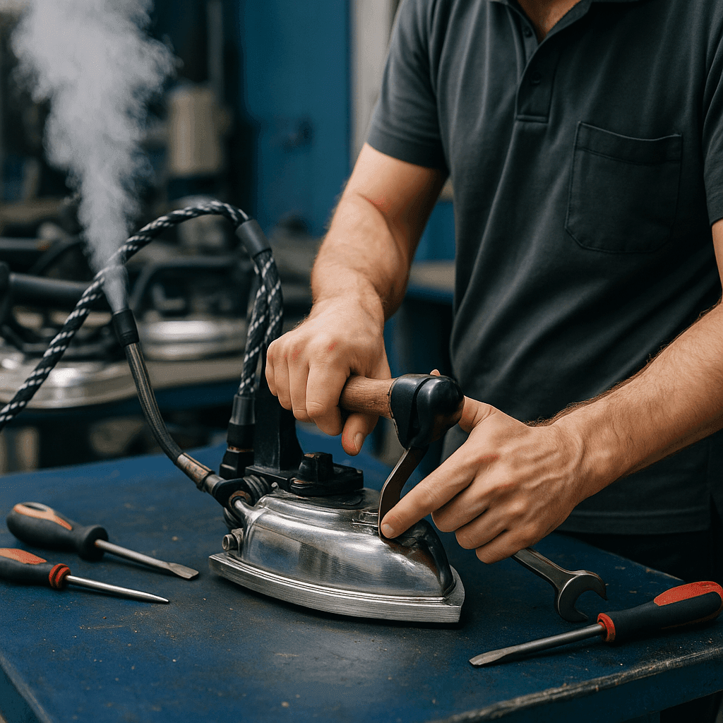 Person adjusting a vintage steam iron with screwdrivers and wrench on a blue table, steam visible.